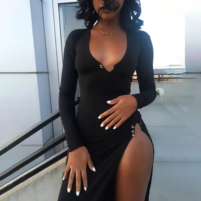 Long-Sleeved High Slit Dress
