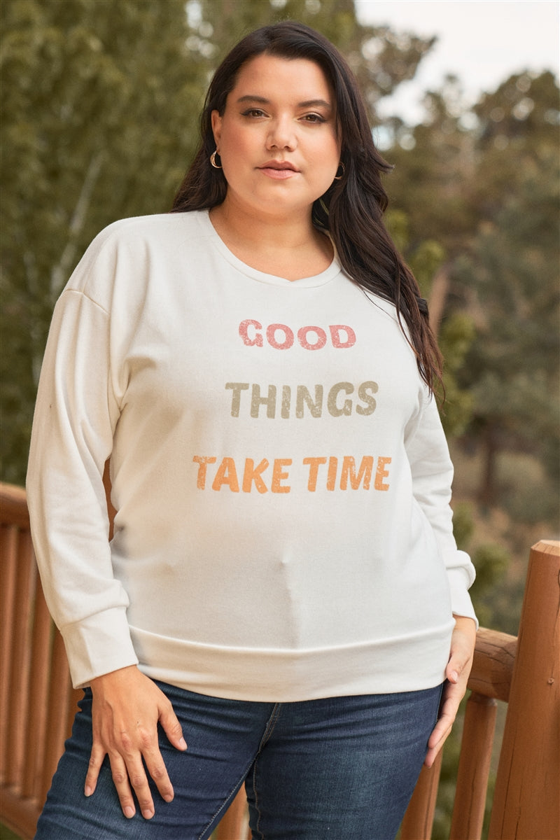 Plus White Good Things Long Sleeve Relaxed Sweatshirt Top