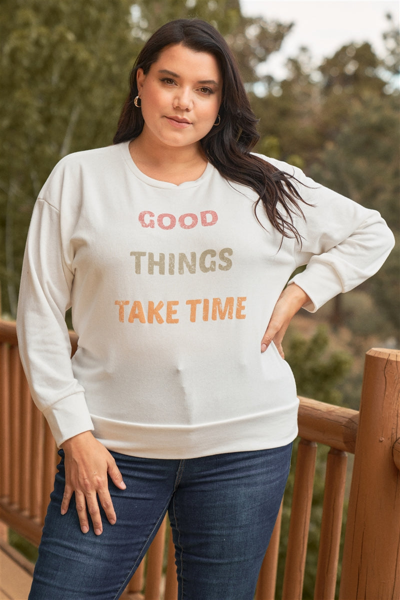 Plus White Good Things Long Sleeve Relaxed Sweatshirt Top