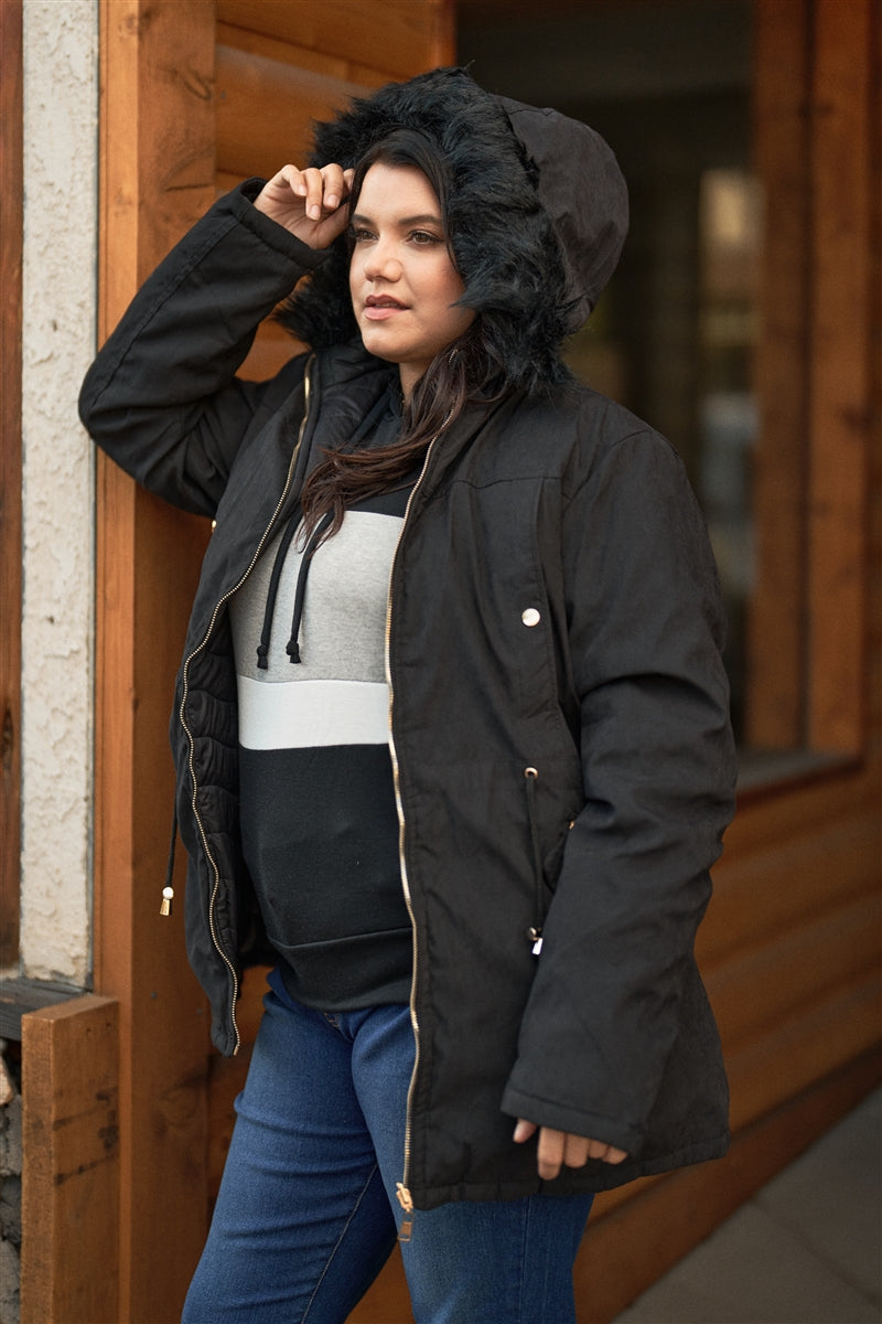 Plus Size Vegan Fur Double-sided Cotton Parka & Puffer Jacket