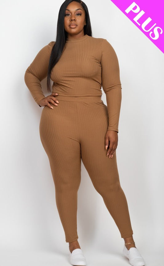 Plus Ribbed Mock Sleeve Top & Leggings Set