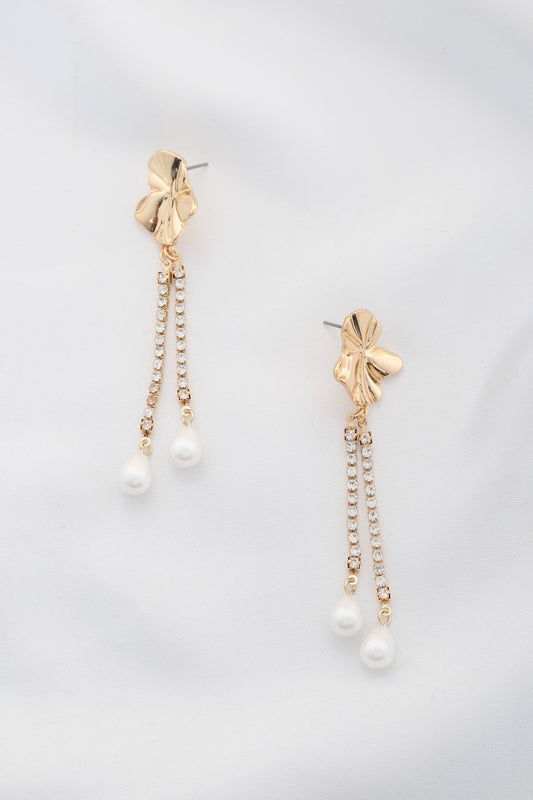Organic Shape Rhinestone Pearl Dangle Earring