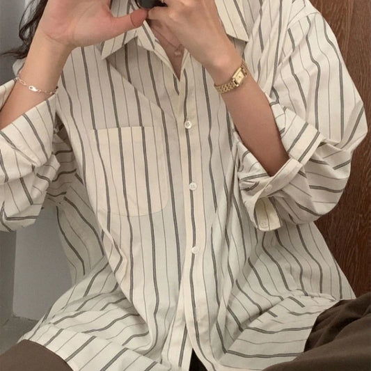 Retro Brown Striped Turn-Down Collar Top