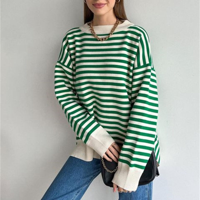 Women's O Neck Striped Sweater Pullovers Drop Shoulder Kintting Tops Casual Loose Long Sleeves Jumpers Autumn Winter For Female