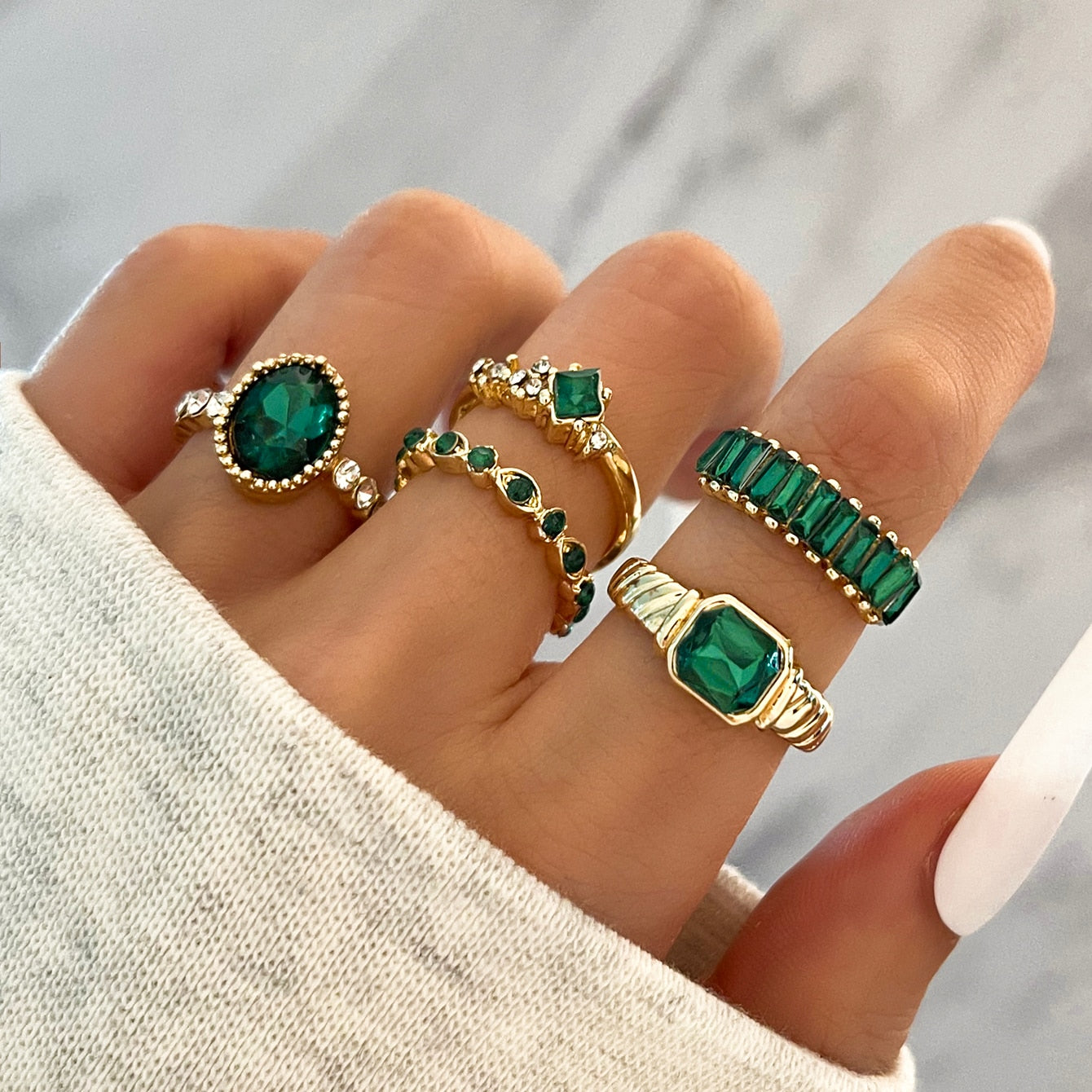 Green Crystal Rings (5 pcs)